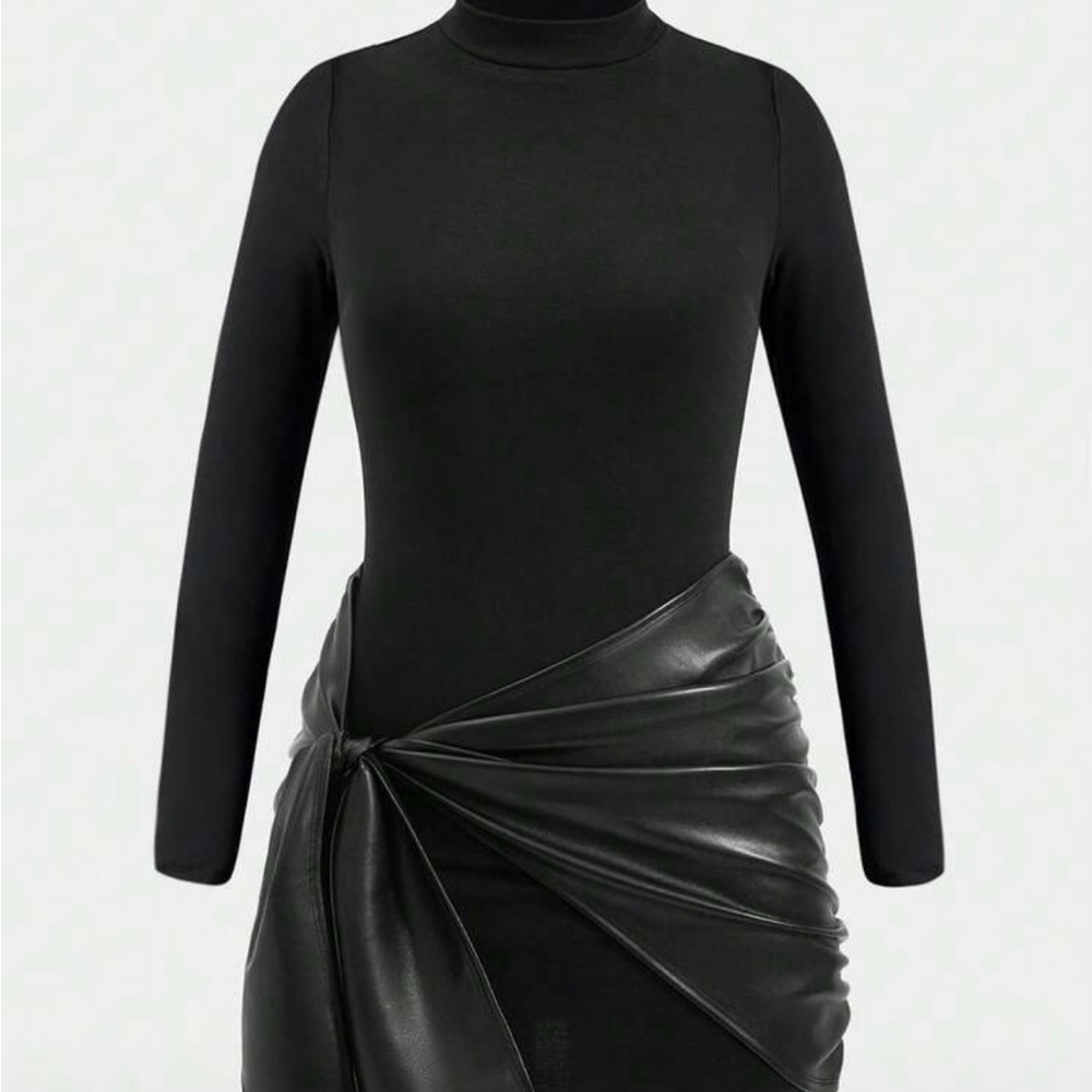 Chic Black Faux-Leather Knot Mini Skirt Dress - Picture 3 of 3